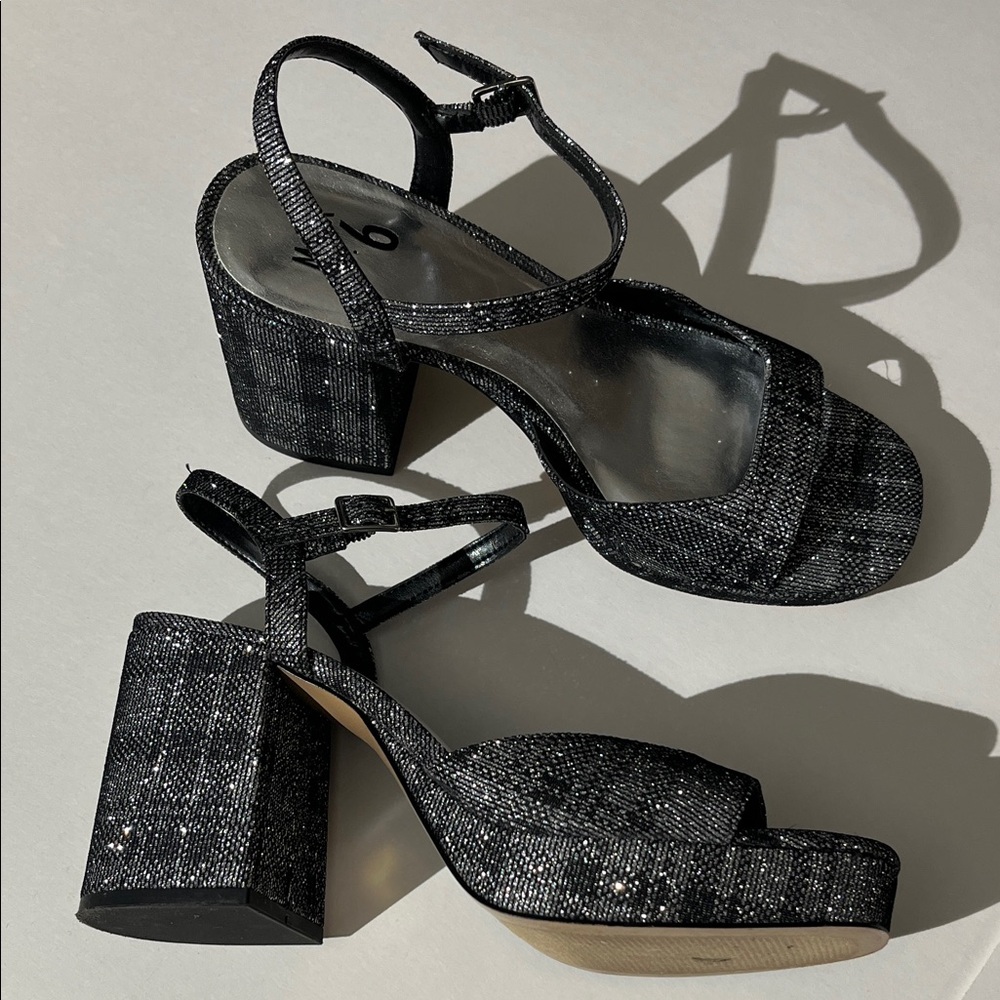 Mix No. 6 Black Silver Sparkle Plaid Chunky Heels Open Toe Shoes Pumps sz 9
